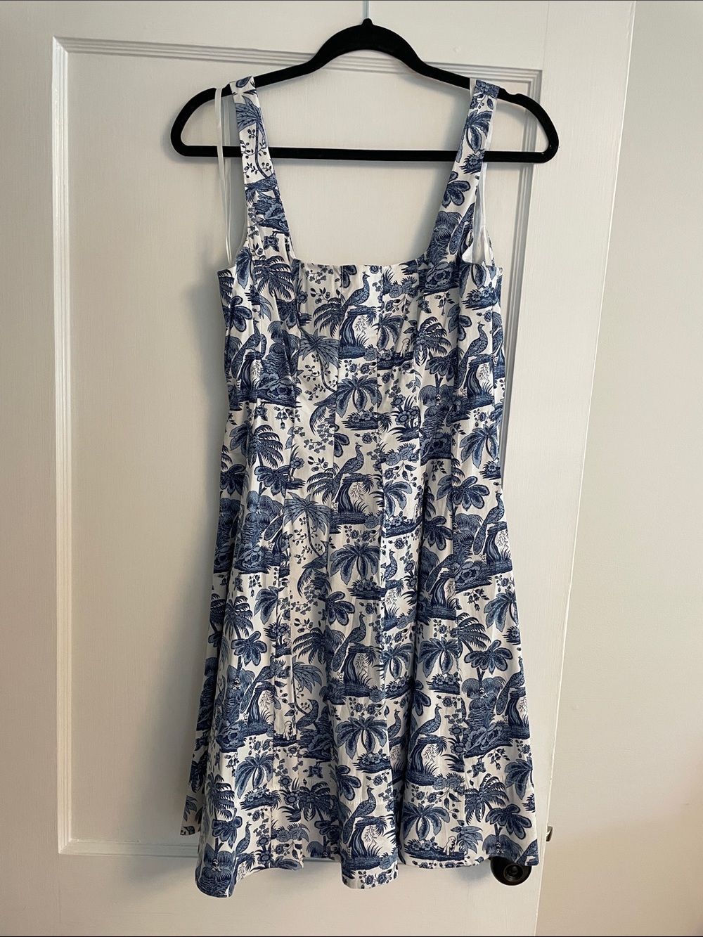 STAUD Blue and White Floral Square Neck Mini Dress